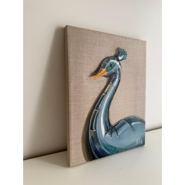 Acrylic painting focusing on a partial, close-up view of an inflatable peacock figure, emphasizing gesture, construction...