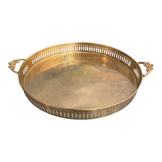 Vintage Round Brass Gallery Tray With Handles For Sale