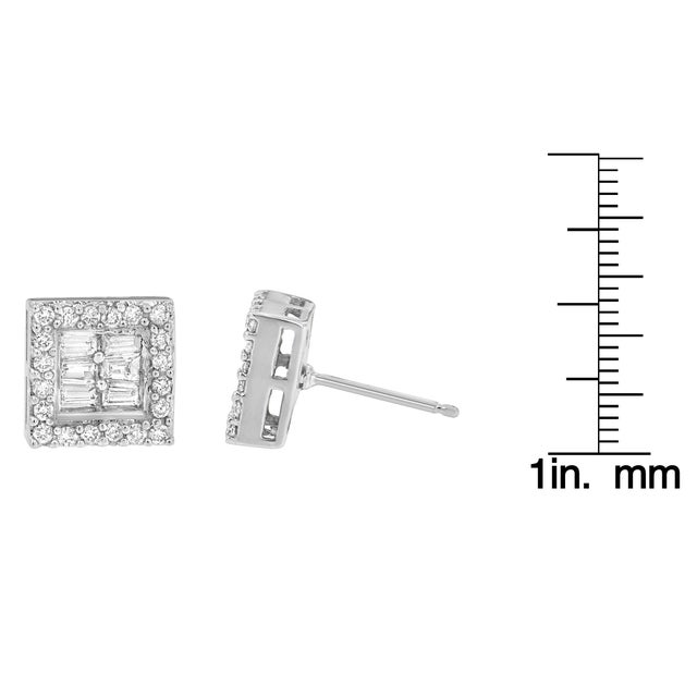 14K White Gold 1 cttw Round and Baguette Diamond Stud Earrings, A Pair For Sale In New York - Image 6 of 6