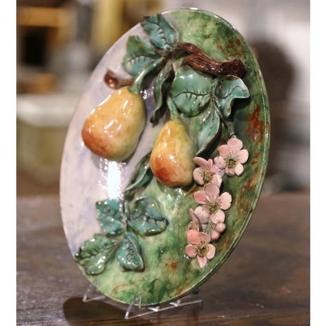 Ceramic 19th Century French Barbotine Faience Pear Wall Plate Longchamp For Sale - Image 7 of 12