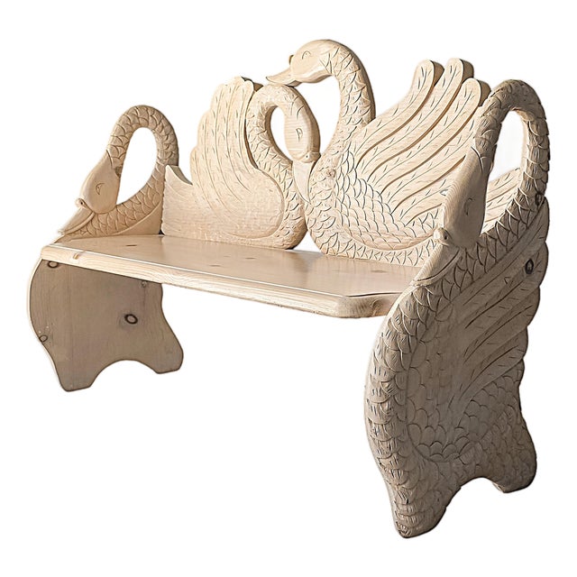 Vintage Hand Carved Pine Swan Motif Bench For Sale