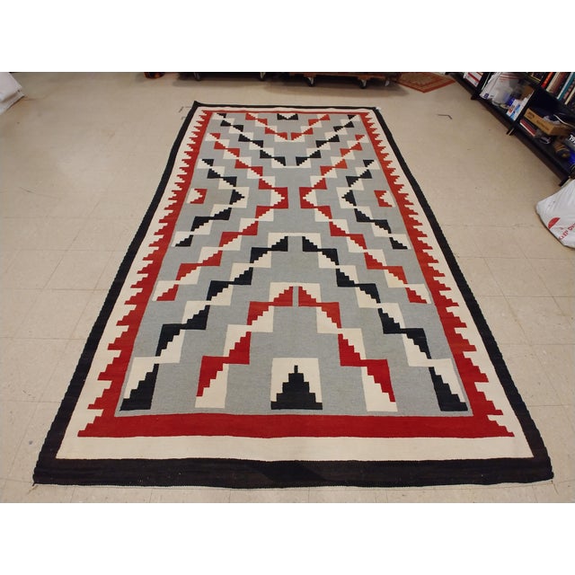 Mid 20th Century Antique Navajo Carpet, Folk Rug, Handmade Wool, Beige, Gray, Blood Orange For Sale - Image 5 of 17