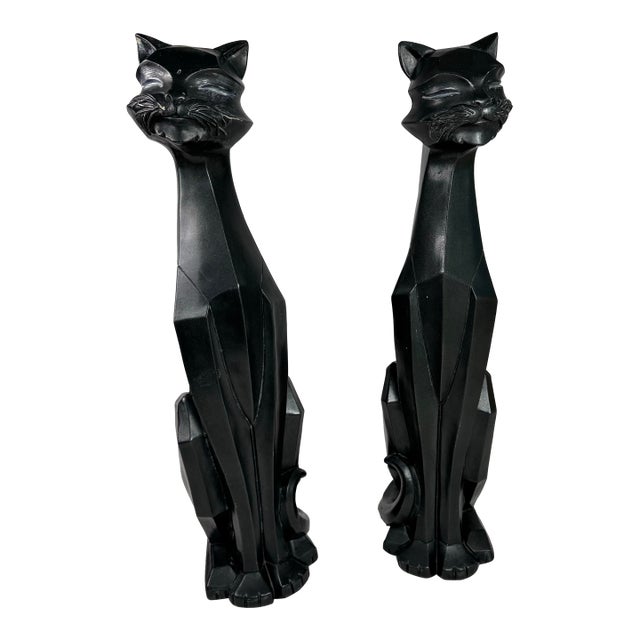 Vintage Mid Century Modern Cubist Cat Sculptures Modernist Art Decor – Hollywood Regency Abstract Cat Pair For Sale