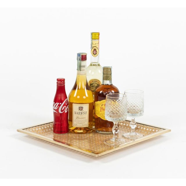 1970s Mid-Century Acrylic Glass, Rattan and Brass Serving Tray in the style of Dior Home, Italy, 1970s For Sale - Image 5 of 10