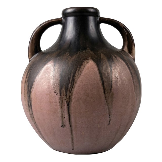 Pink and Black Flame Glazed Stoneware Vase with Double Handle by G. Méténier, 1920s For Sale