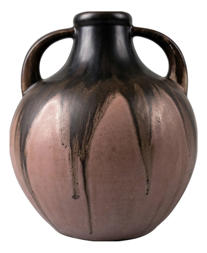 Pink and Black Flame Glazed Stoneware Vase with Double Handle by G. Méténier, 1920s
