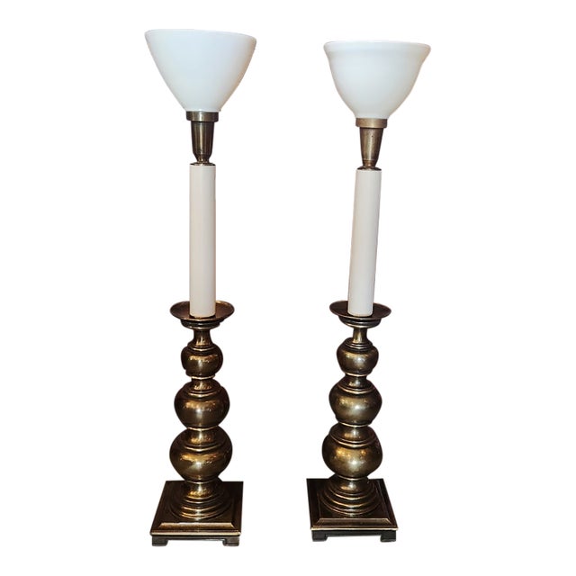 Mid 20th Century Pair of Stiffel Torchiere Brass Lamps For Sale