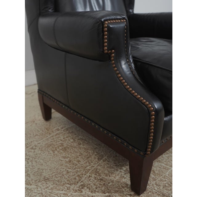 Frontgate Black Leather High Quality Club Wing Chair For Sale In Philadelphia - Image 6 of 18
