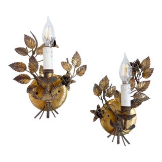 Vintage Florentine Gold Gilt Metal Rose Sconces - a Pair For Sale