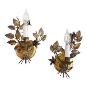 Vintage Florentine Gold Gilt Metal Rose Sconces - a Pair