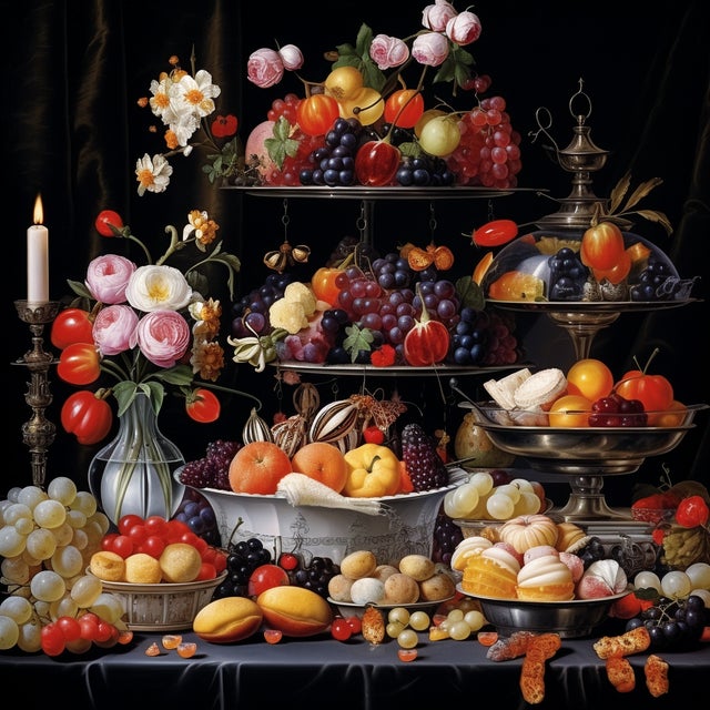 Realism High-End Framed 30' X 30' Collector Fine Art Print 'Still Life With Fruits and Flowers' For Sale - Image 3 of 5