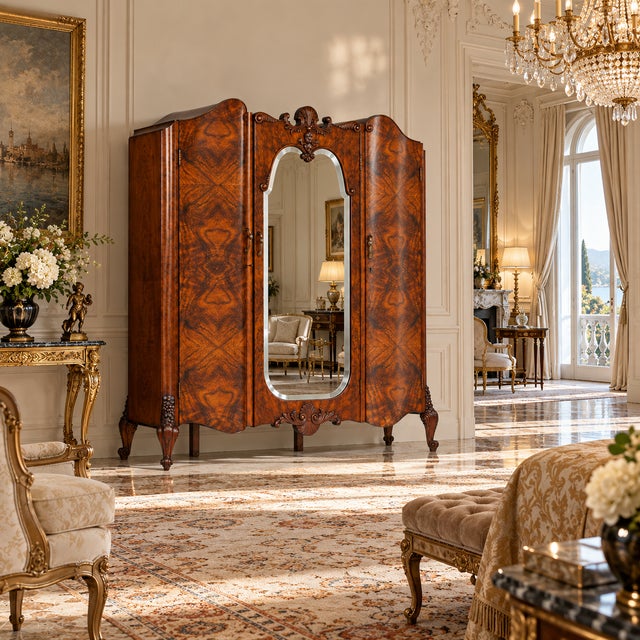 Baroque Venetian Hand-Carved Walnut & Burl Walnut Wardrobe with Mirror, 1910s For Sale - Image 11 of 13