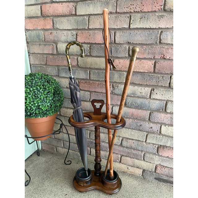 Vintage 1980s Walnut Double Umbrella Stick Stand For Sale - Image 16 of 17