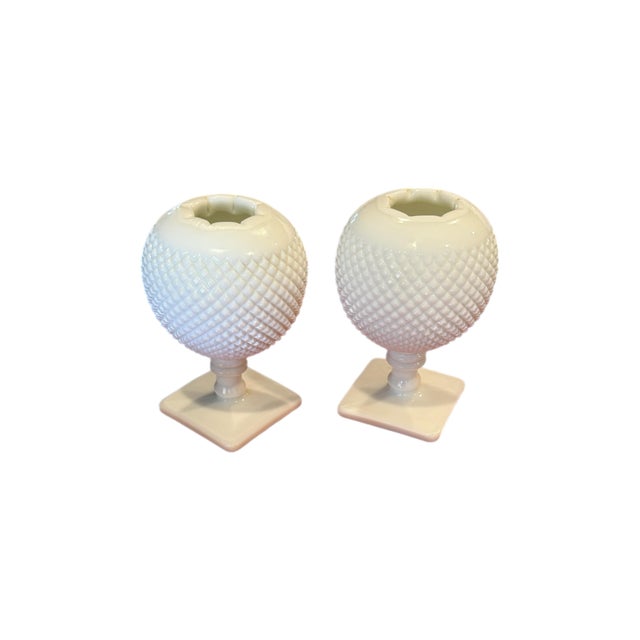 Mid 20th Century Vintage Westmoreland Milk Glass Hobnail Ivy Bowl Pedestal Vase Pair, 7" For Sale - Image 5 of 11