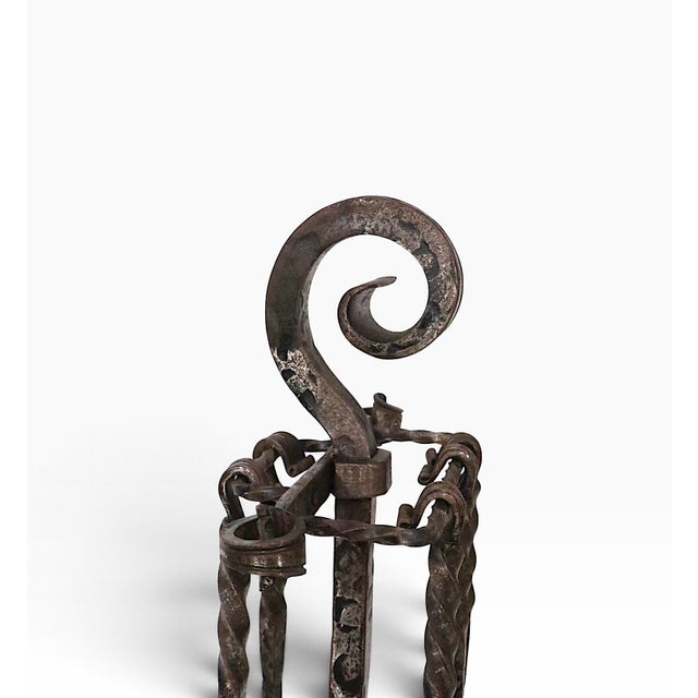 Exceptional five piece hand forged iron fireplace tool set in very fine original, clean and ready to use condition,...