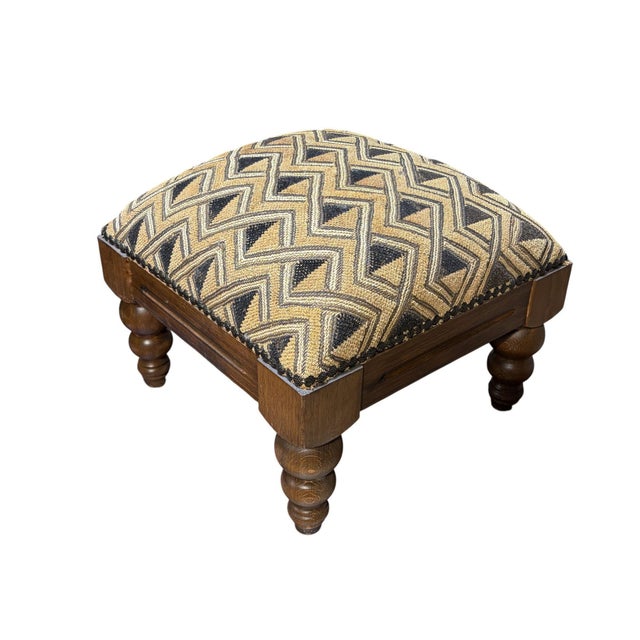 African Square Wooden Footstool W/ Vintage African Kuba Cloth Textile 12.5" H For Sale - Image 3 of 6