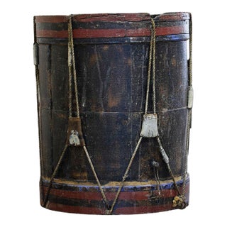 Antique Civil War Era Painted Wood Drum With Rope Tension and Leather Ears For Sale