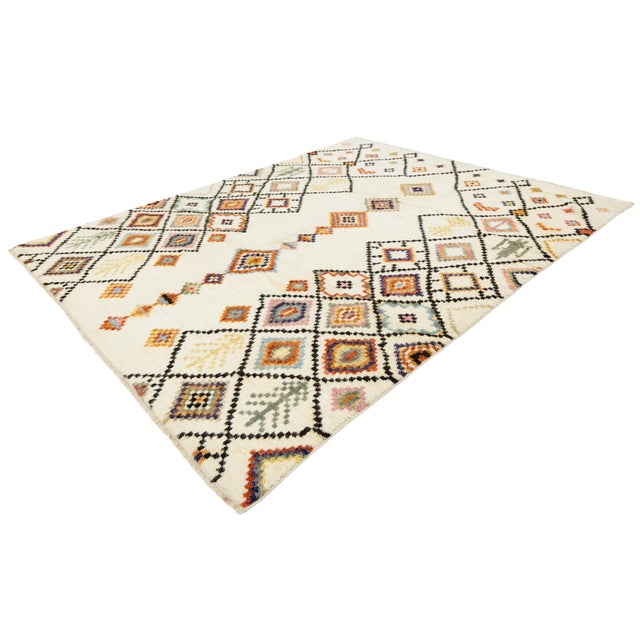 Modern Moroccan Style Hand-Knotted Wool Rug With Colorful Geometric Diamond For Sale - Image 12 of 12