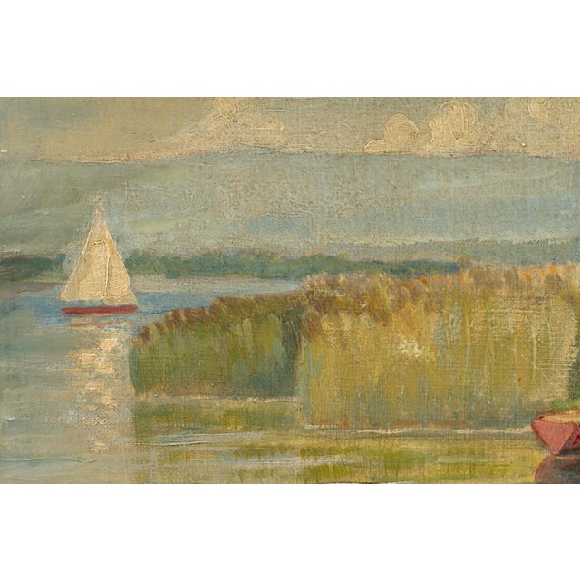 1920s Jules Gaillepand, Lakeside Scene with Nude Figure Swans and Sailboat, 1920s, Oil on Canvas For Sale - Image 5 of 16