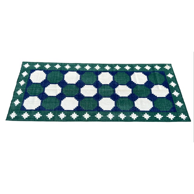 New Zealand Wool Vegetable Dyed Forest Green, Navy Blue, Cream Tile Patterned Runner Rug-4'x10' These special flat-weave...