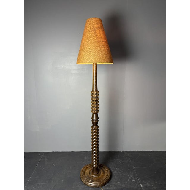 Mid-Century Brutalist Art Deco Floor French Wood Turned Lamp in the Style of Charles Dudouyt, 1950s For Sale - Image 13 of 14