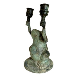 Rustic Verdigris Patinated Metal Figurative Frog Candle Holder For Sale