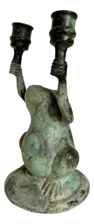 Rustic Verdigris Patinated Metal Figurative Frog Candle Holder
