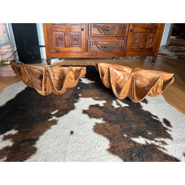 Pair of 1970s Oversized Nautical Wooden Shell Bowls For Sale - Image 9 of 9