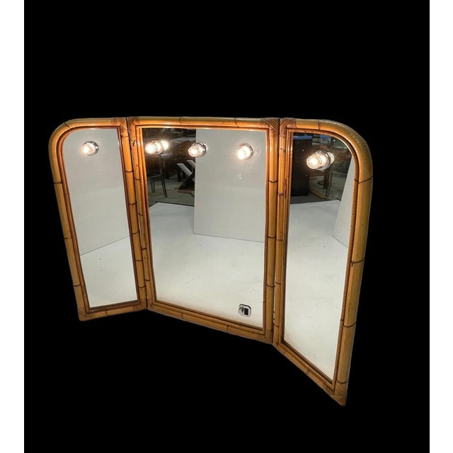 Wood Mid-Century Italian Triple Folding Bamboo Mirror with Dimmable Lighting, 1970s For Sale - Image 7 of 18