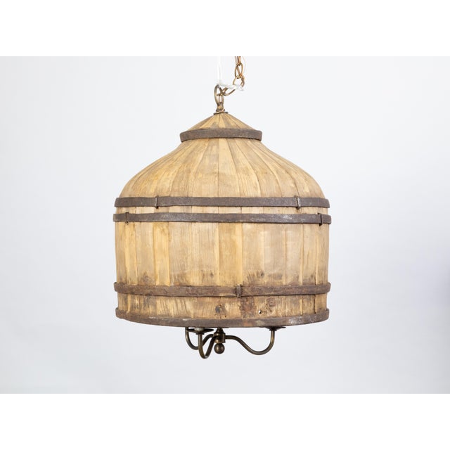Wood Vintage English Rustic Wooden Barrel Light Fixture with Three Scrolling Arms For Sale - Image 7 of 10