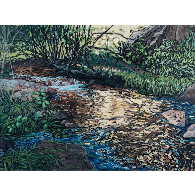 This artwork captures a serene landscape where a gentle stream flows through lush greenery, illuminated by dappled...
