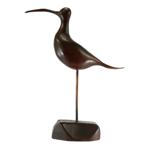 Vintage Mid 20th Century Carved Seashore Bird on Stand, Signed Folk Art