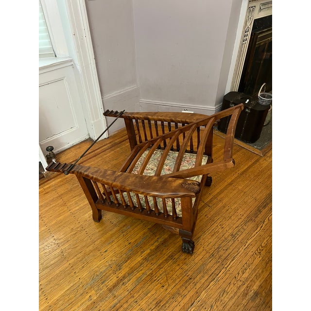 Arts & Crafts Morris Style Reclining Chair With Floral Upholstery, Oak Leaf Detail on Armrest and Claw Feet For Sale - Image 3 of 10