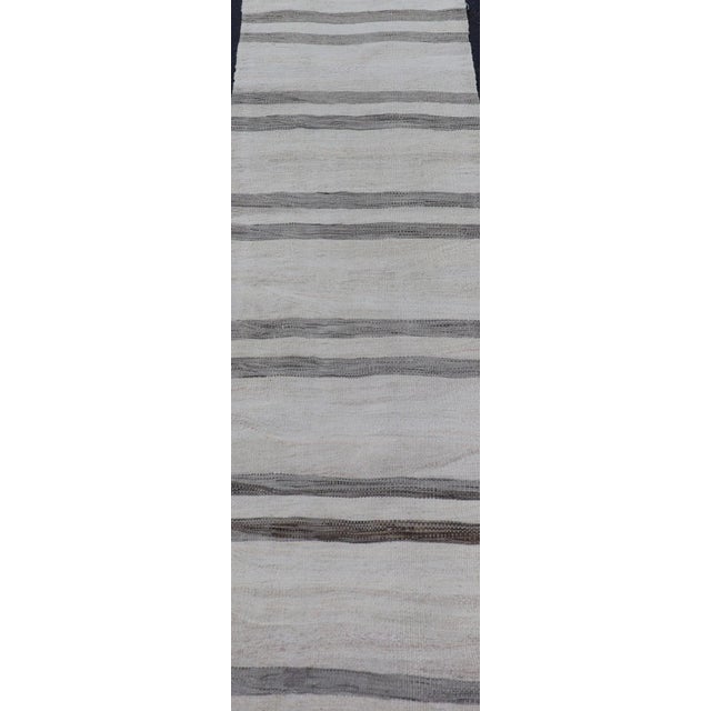 Traditional Mid 20th Century Vintage Turkish Kilim Runner With Horizontal Stripes in Gray Charcoal & Cream For Sale - Image 3 of 11