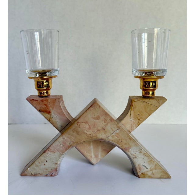 Late 20th Century Vintage Postmodern Pink Marble Sculptural Double Candle Holder For Sale - Image 5 of 9