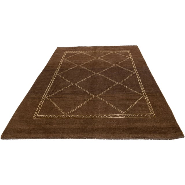 Tribal Modern Moroccan Style Brown Handmade Tribal Wool Rug For Sale - Image 3 of 8