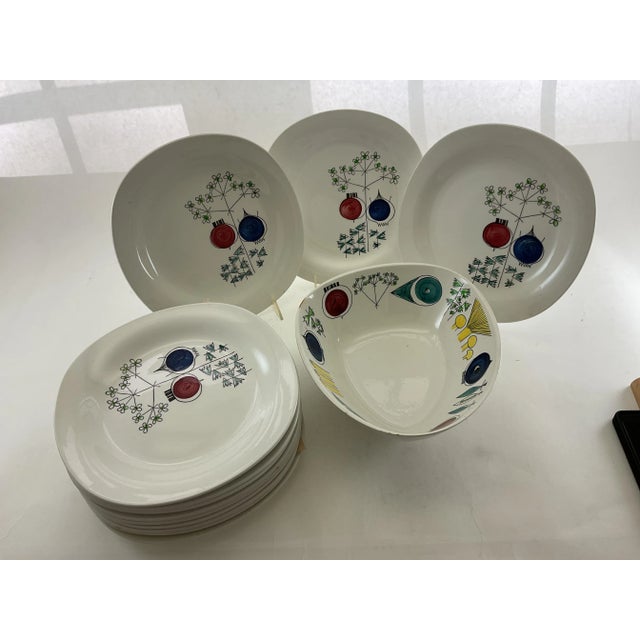 Blue New 1960’s Vintage Rörstrand Pomona Picknick European Dinner Plates & 1 Salad Bowl, Designed by Marianne Westman- 14 Pieces For Sale - Image 8 of 12