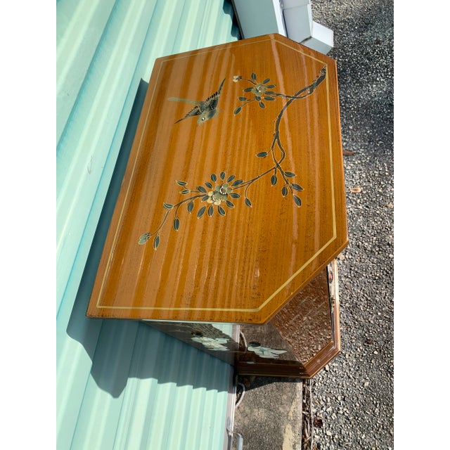 1950s Mid Century Asian Carmel Color With Mother of Pearl Inlay Narrow Console For Sale - Image 5 of 8