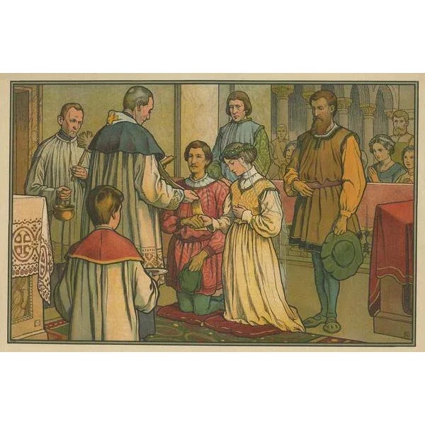 Large antique print of the seven sacraments. Published by Mosella-Verlag, 1913. This print originates from a series titled...