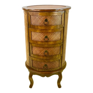 1980s British Colonial Ralph Lauren Style Round Herringbone Cane & Wood Cabinet, 4 Drawers For Sale