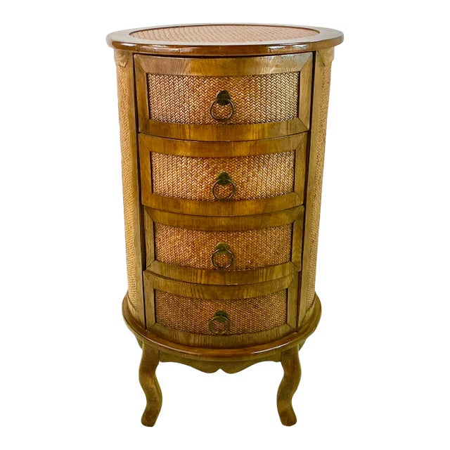 1980s British Colonial Ralph Lauren Style Round Herringbone Cane & Wood Cabinet, 4 Drawers For Sale