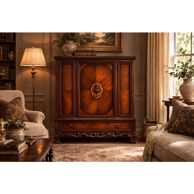 Vintage Baker Furniture Mahogany Cabinet With Bookmatched Veneer & Carved Urn Medallion For Sale - Image 12 of 12