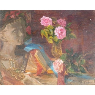 Antique Still Life Oil Painting: Flowers & Food, Soviet Ukrainian Art 35-43 For Sale