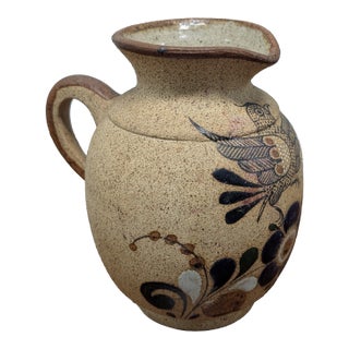 Vintage Tonala Mexican Folk Art Pottery Vase With Bird & Floral Motif For Sale