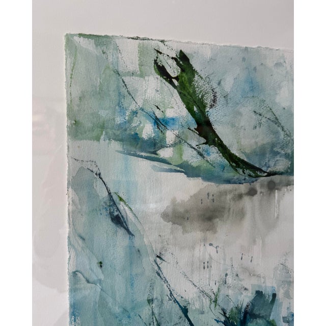 Large Abstract Coastal Original Painting Watercolor Triptych Blue Green Wall Art Modern Signed Framed For Sale - Image 9 of 12