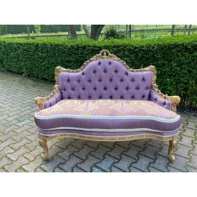 1980 French Louis XVI Gilt Purple Damask Settee 1Pc For Sale - Image 15 of 15