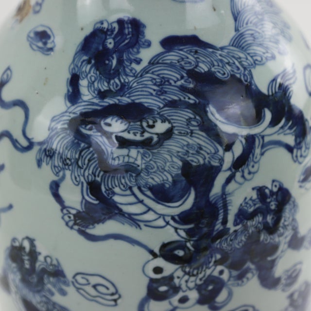 Ceramic Chinese Blue and White Porcelain Vase With Foo Lions and Cloud Motif For Sale - Image 7 of 12