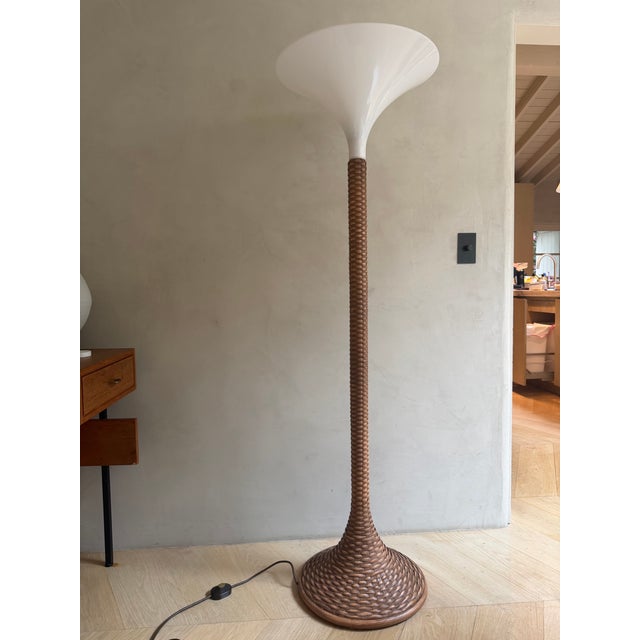 French mid century floor lamp - wicker base and