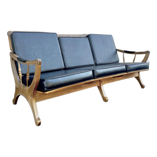 Antique Teak Sofa + Black Cushions | in the Style of Esperanto for Drexel For Sale