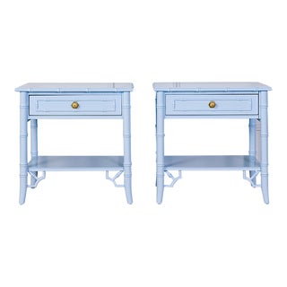 1960s Vintage Thomasville Allegro Faux Bamboo Nightstands Professionally Lacquered Soft Sky For Sale